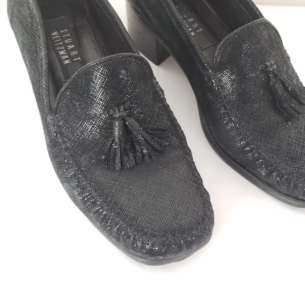 Stuart Weitzman black suede and leather chunky heel loafer metallic sheen 7.5